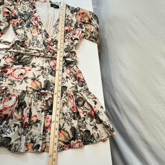 VICI Womens Floral Mini Dress Size S Puff Sleeves Bridal Shower Party Linen Boho - Picture 6 of 15